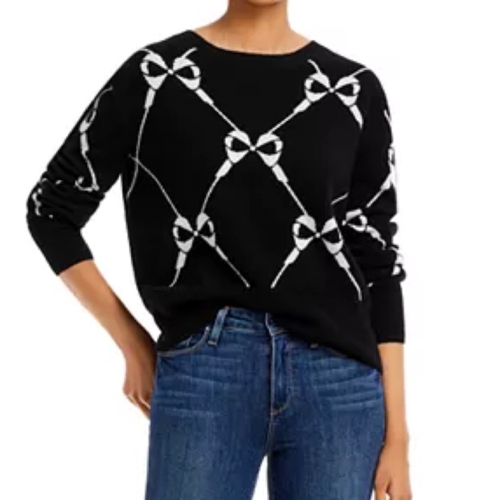 Aqua Cashmere Black Oversized Sweater with White Bow Design - Picture 1 of 15